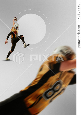 Minimalist collage. Football player in yellow uniform jumping high with arm raised holding ball Minimalist collage. Football player in yellow uniform jumping high with arm raised holding ball 132174539
