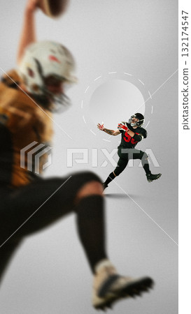 Creative digital artwork. Football player in black uniform running forward with focus and power 132174547
