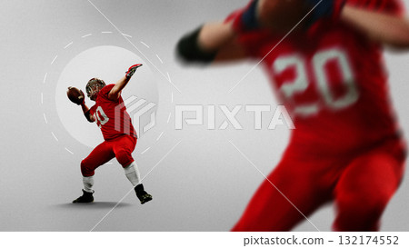 Contemporary collage. American football player in red uniform preparing to throw ball with power and focus Contemporary collage. American football player in red uniform preparing to throw ball with power and focus 132174552