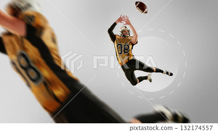Bright collage. Football player diving to catch ball during match full of intensity and drive Bright collage. Football player diving to catch ball during match full of intensity and drive 132174557