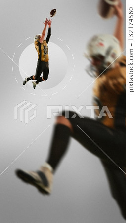 Bold colorful poster. Football player in yellow uniform jumping high to catch ball mid-air Bold colorful poster. Football player in yellow uniform jumping high to catch ball mid-air 132174560