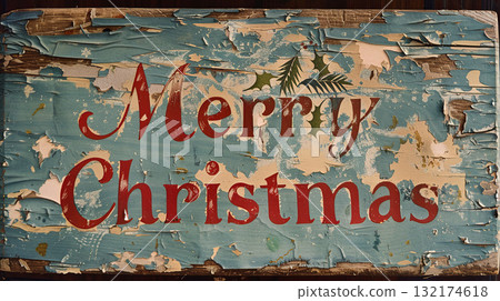 Merry Christmas is written on a wooden sign with a red design a blue background Merry Christmas is written on a wooden sign with a red design a blue background 132174618