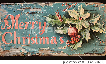Merry Christmas sign with a red and green leafy decoration. The sign is on a wooden board Merry Christmas sign with a red and green leafy decoration. The sign is on a wooden board 132174619