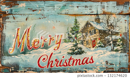 Merry Christmas is written on a wooden sign. The sign features a house and trees with snow on them Merry Christmas is written on a wooden sign. The sign features a house and trees with snow on them 132174620