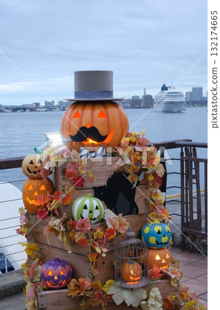 Halloween objects and harbor scenery 132174665
