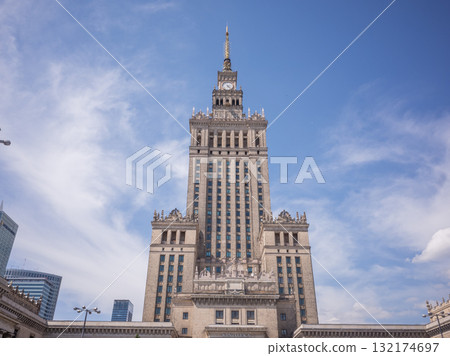 [Poland] The historic exterior of the Palace of Culture and Science in the capital, Warsaw, and the blue sky 132174697