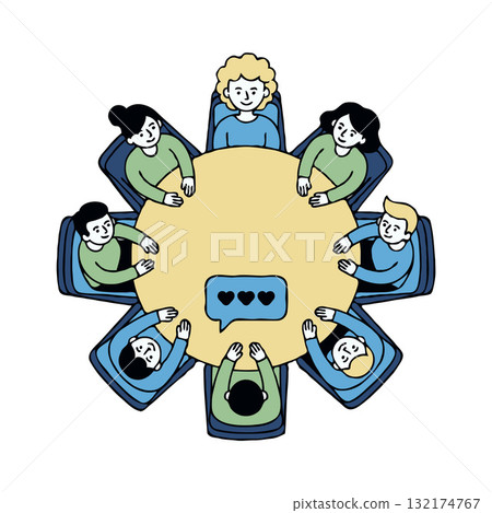 Group of diverse cartoon-style people sitting around a round table on white background, concept of teamwork and positive communication Group of diverse cartoon-style people sitting around a round table on white background, concept of teamwork and positive communication 132174767