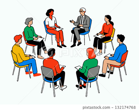 Diverse group of people sitting in a circle during a therapy or support session, flat graphic style on white background, concept of mental health Diverse group of people sitting in a circle during a therapy or support session, flat graphic style on white background, concept of mental health 132174768