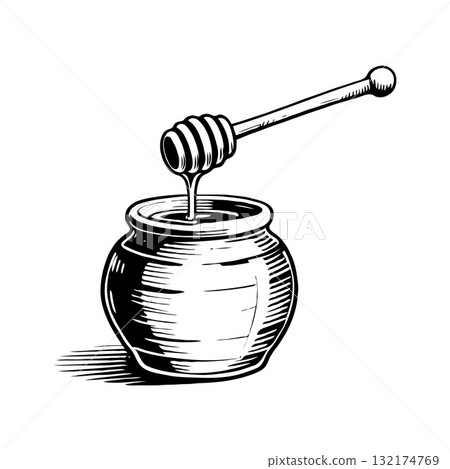 Hand-drawn honey dipper dripping into a jar, vintage engraving style, on a white background. Concept of natural sweet food and beekeeping 132174769