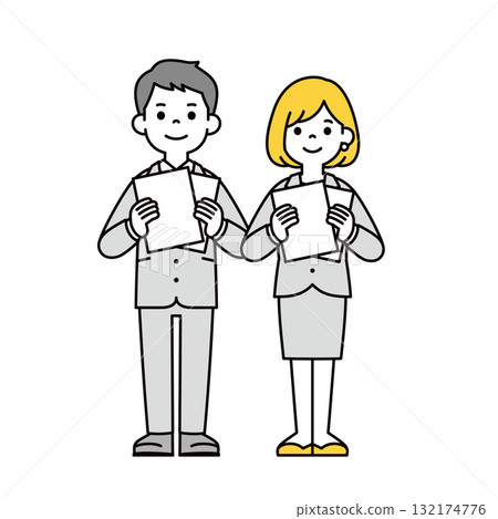 Full-body vector illustration set of young and female office workers explaining with documents Full-body vector illustration set of young and female office workers explaining with documents 132174776