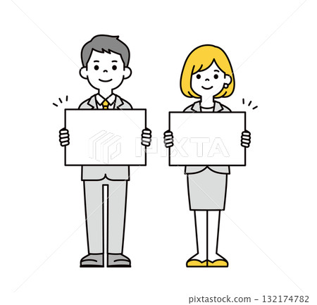 一組簡單的全身向量插圖，描繪了年輕男性和女性辦公室職員拿著白色活動掛圖並給出指示 132174782