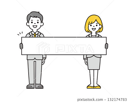 Full-body vector illustration set of young businessmen and women holding a long board and explaining Full-body vector illustration set of young businessmen and women holding a long board and explaining 132174783