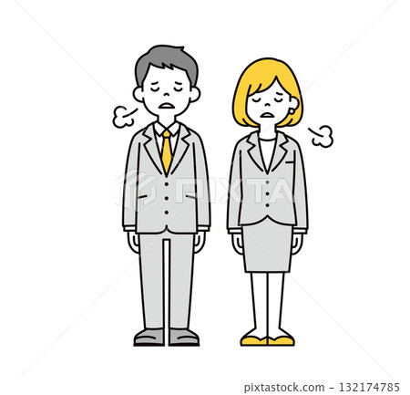 Full-body vector illustration set of young businessmen, men and women, sighing with fatigue 132174785