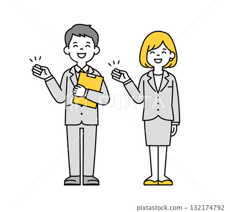 全身向量插圖集年輕男性和女性辦公室職員拿著文件並介紹他們 132174792