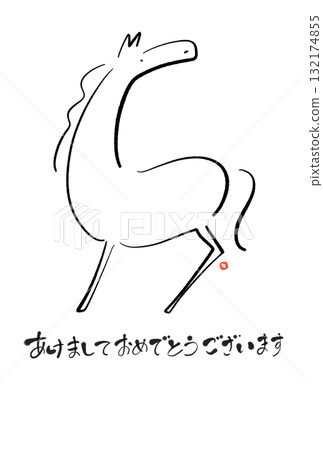 時尚單色新年賀卡，以水墨畫形式呈現一匹回頭的馬 2026 年新年材料 132174855