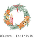 Christmas wreath with red candles and dried oranges, detailed hand drawn watercolor illustration for advent design, festive prints, product labels, and home decor art. 132174910