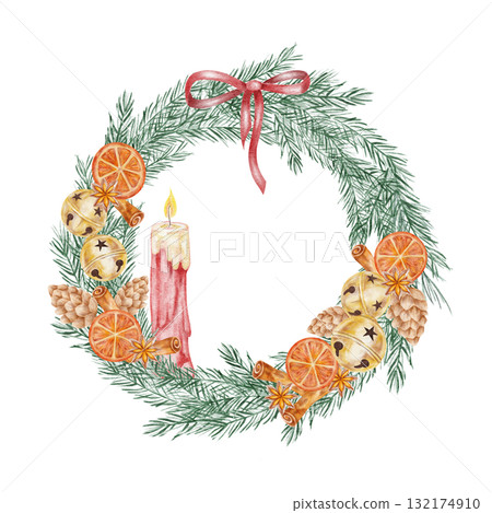 Christmas wreath with red candles and dried oranges, detailed hand drawn watercolor illustration for advent design, festive prints, product labels, and home decor art. 132174910