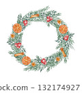 Evergreen wreath with oranges and berries, hand drawn watercolor illustration suited for eco Christmas patterns, greeting cards, gift packaging, and seasonal decor art 132174927
