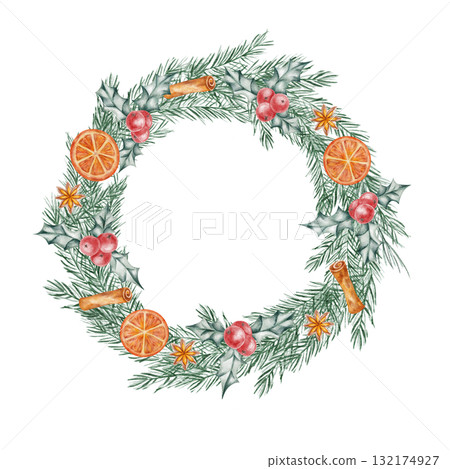 Evergreen wreath with oranges and berries, hand drawn watercolor illustration suited for eco Christmas patterns, greeting cards, gift packaging, and seasonal decor art Evergreen wreath with oranges and berries, hand drawn watercolor illustration suited for eco Christmas patterns, greeting cards, gift packaging, and seasonal decor art 132174927