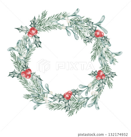 Wreath with holly berries and evergreen branches, hand drawn watercolor illustration for traditional Christmas decor, printable cards, textile design, and packaging Wreath with holly berries and evergreen branches, hand drawn watercolor illustration for traditional Christmas decor, printable cards, textile design, and packaging 132174932
