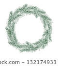 Soft green fir wreath hand drawn watercolor illustration suitable for minimal Christmas branding, packaging, winter stationery, and seasonal printable art collections 132174933