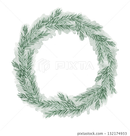 Soft green fir wreath hand drawn watercolor illustration suitable for minimal Christmas branding, packaging, winter stationery, and seasonal printable art collections Soft green fir wreath hand drawn watercolor illustration suitable for minimal Christmas branding, packaging, winter stationery, and seasonal printable art collections 132174933