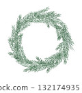 Green pine wreath watercolor illustration, hand drawn and ideal for Yule cards, seasonal invitations, winter prints, logo design, and elegant holiday product packaging 132174935