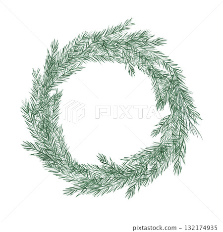 Green pine wreath watercolor illustration, hand drawn and ideal for Yule cards, seasonal invitations, winter prints, logo design, and elegant holiday product packaging 132174935