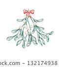 Tied mistletoe bouquet with red ribbon, detailed hand drawn watercolor illustration for Yule greeting cards, romantic decor prints, product labels, and festive patterns 132174938