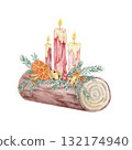 Yule log with glowing candles and orange slices, detailed hand drawn watercolor clipart perfect for Christmas invitations, gift box design, printable crafts, and branding 132174940