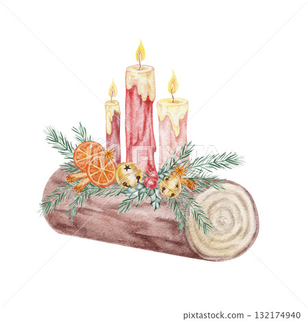 Yule log with glowing candles and orange slices, detailed hand drawn watercolor clipart perfect for Christmas invitations, gift box design, printable crafts, and branding 132174940