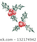 Holly leaves and red berries in bright green watercolor clipart, hand drawn for use in Christmas cards, stickers, pattern design, packaging, and decorative winter illustrations 132174942