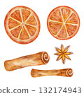 Orange slices, cinnamon sticks, and star anise in natural tones, hand drawn watercolor clipart for eco Christmas cards, rustic packaging, digital scrapbooking, and DIY labels 132174943