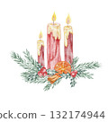 Red candles arranged with fir branches, hand drawn watercolor clipart great for advent calendars, gift tags, printable crafts, and cozy seasonal stationery or digital artwork 132174944