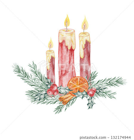 Red candles arranged with fir branches, hand drawn watercolor clipart great for advent calendars, gift tags, printable crafts, and cozy seasonal stationery or digital artwork Red candles arranged with fir branches, hand drawn watercolor clipart great for advent calendars, gift tags, printable crafts, and cozy seasonal stationery or digital artwork 132174944