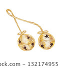 Golden jingle bells with stars, painted in warm tones, hand drawn watercolor clipart perfect for Christmas cards, festive packaging, digital scrapbooking, and holiday craft design 132174955