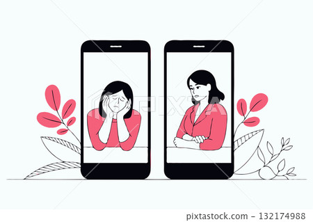 Illustration of two women talking via smartphones, one sad and one concerned, minimal style, white background, concept of emotional support 132174988