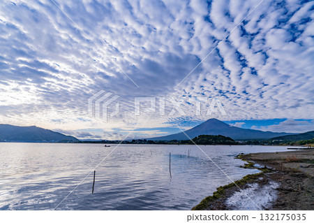 【山梨縣】清晨,從水位下降的河口湖畔眺望富士山 【山梨縣】清晨,從水位下降的河口湖畔眺望富士山 132175035