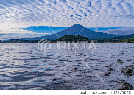 [Yamanashi Prefecture] Mount Fuji seen from the shore of Lake Kawaguchiko with the water level dropping early in the morning 132175048