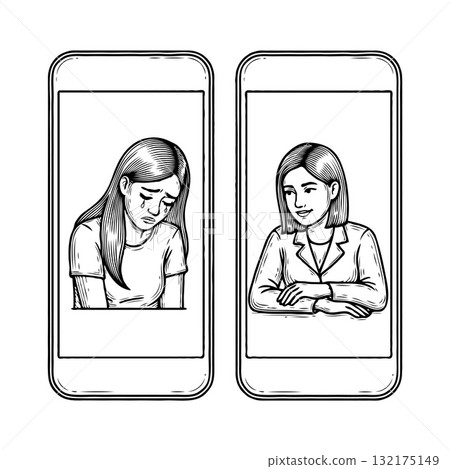 Illustration of a crying girl and a therapist communicating on smartphones, hand-drawn sketch style, isolated white background, concept of virtual therapy, Online therapy session 132175149