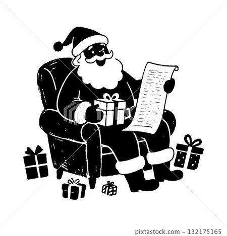 Santa Claus sitting in armchair holding a gift and list, black and white sketch style, white background, concept of holiday preparation and joy Santa Claus sitting in armchair holding a gift and list, black and white sketch style, white background, concept of holiday preparation and joy 132175165