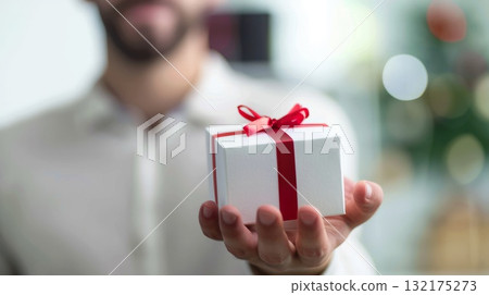 Male holding a small gift with an red bow. Christmas gift. Congratulation. 132175273