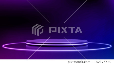 Blue neon podium with glowing rings 132175380