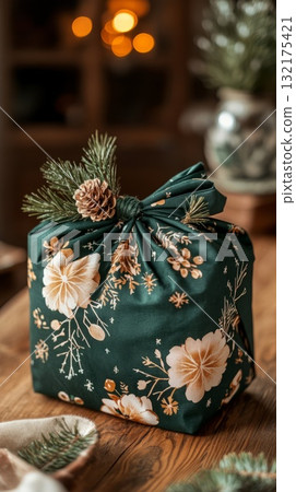 Wrapped gift with floral fabric and pine cone decoration on a wooden table. Japanese Furoshiki style, eco friendly, environmental gift wrapping concept. 132175421