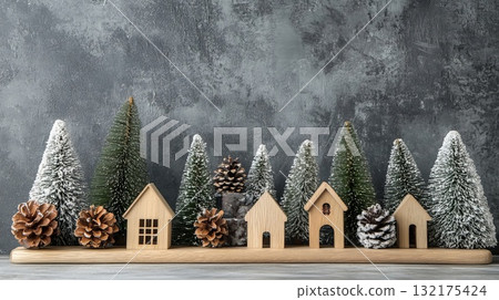 Wooden houses and pine cones on a gray textured background, evoking a winter holiday scene. Christmas craft activity, creative DIY project for kids, craftwork, eco friendly, sustainable concept. 132175424
