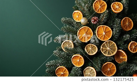 Decorated Christmas tree with dried orange slices and pinecones. Craft activity, creative DIY project, decor and craftwork, eco friendly, sustainable concept. Place for text. 132175425