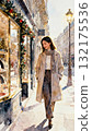 A woman walking through a Christmas town, watercolor style illustration 132175536