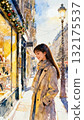 Watercolor illustration of a woman looking at a Christmas shop window 132175537