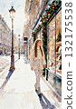 A woman strolling through a Christmas townscape, watercolor style illustration 132175538