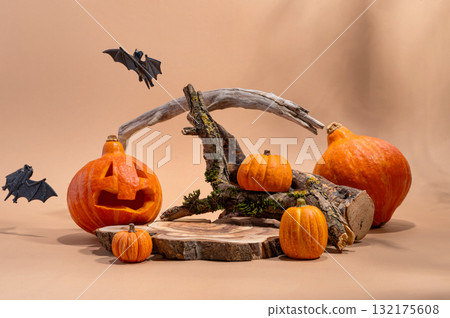 Empty wooden log on table with pumpkin and bats. Halloween or Thanksgiving mock up for products. Empty wooden log on table with pumpkin and bats. Halloween or Thanksgiving mock up for products. 132175608